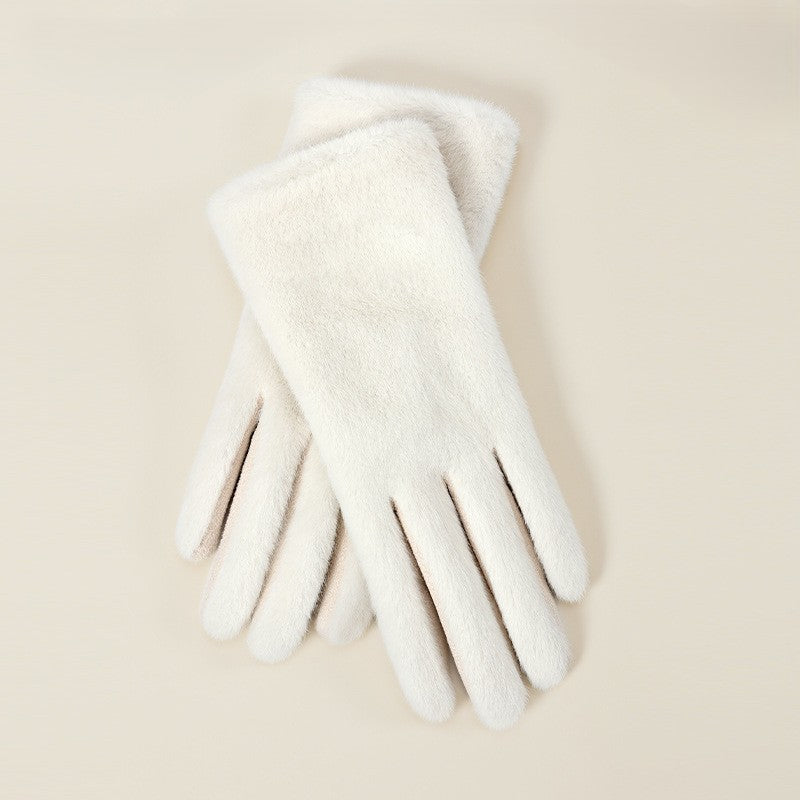 Soft Plush Winter Gloves With Folded Cuff - White