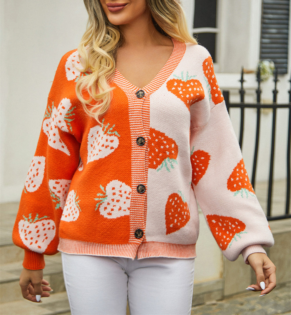 Heart Print Color Block Button Cardigan - Orange