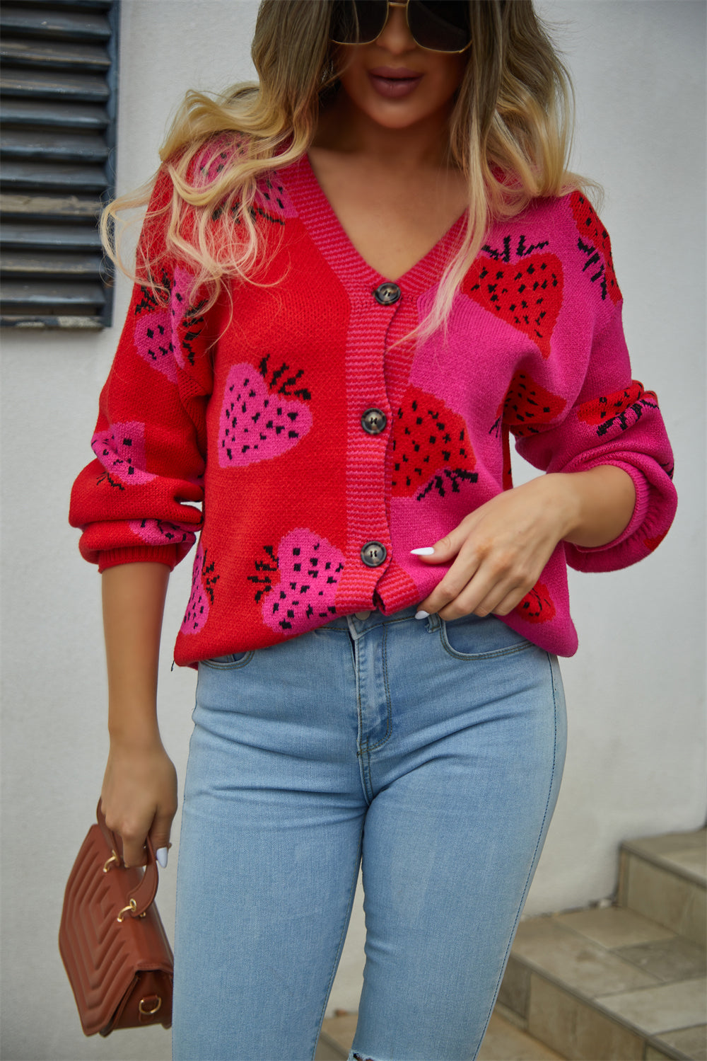 Heart Print Color Block Button Cardigan - Red - 1