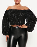 Sequin Off Shoulder Balloon Sleeve Crop Top - Black