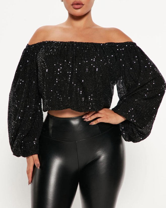 Sequin Off Shoulder Balloon Sleeve Crop Top - Black