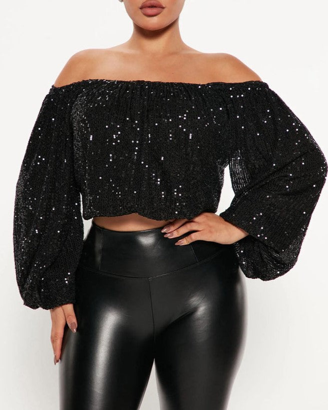 Sequin Off Shoulder Balloon Sleeve Crop Top - Black - 4