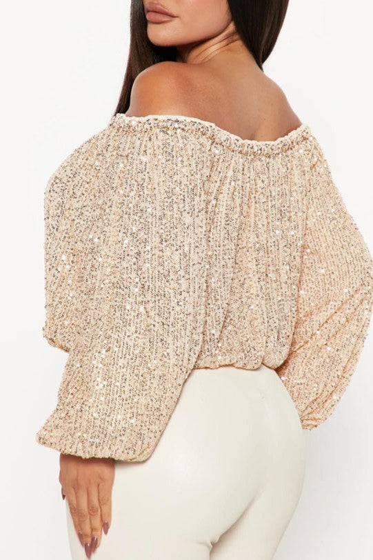 Sequin Off Shoulder Balloon Sleeve Crop Top - Gold - 1