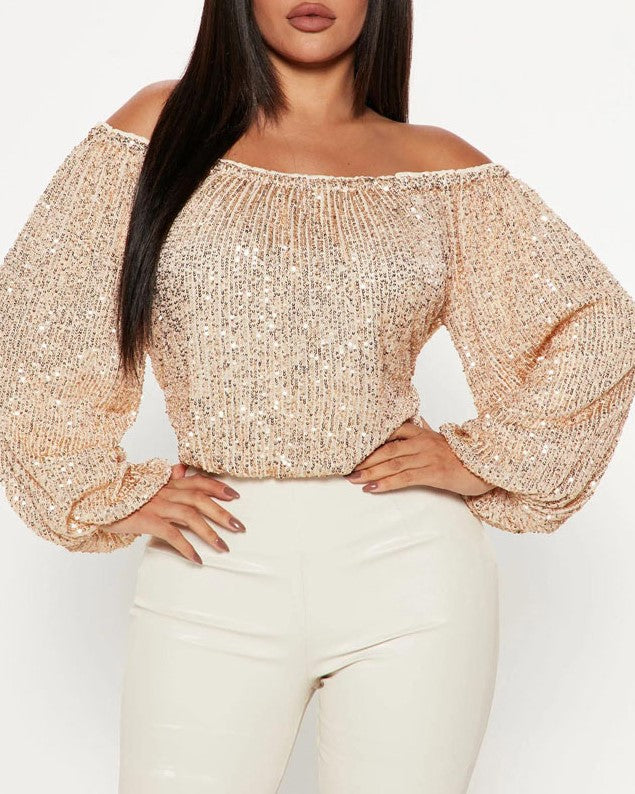 Sequin Off Shoulder Balloon Sleeve Crop Top - Gold - 2