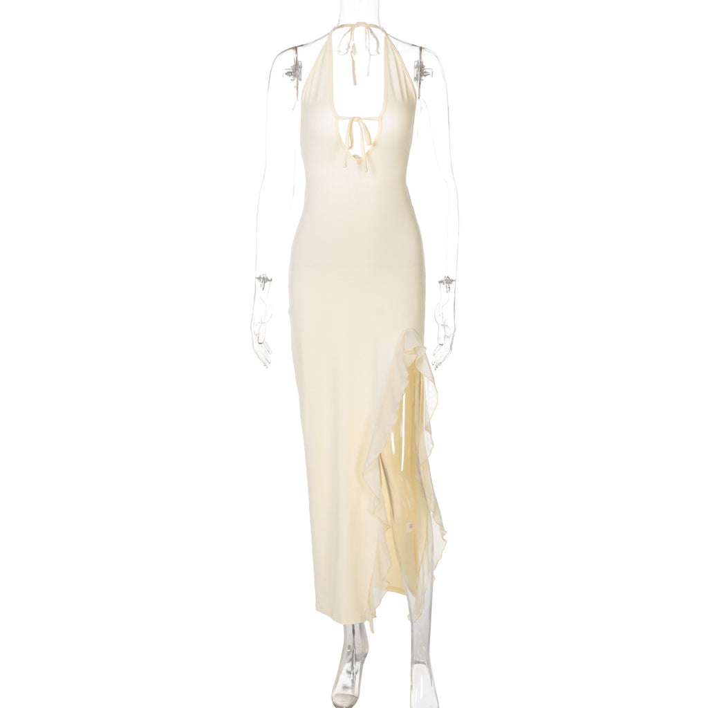 Halter Neck Ruffle Slit Maxi Dress - cream