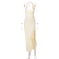 Halter Neck Ruffle Slit Maxi Dress - cream