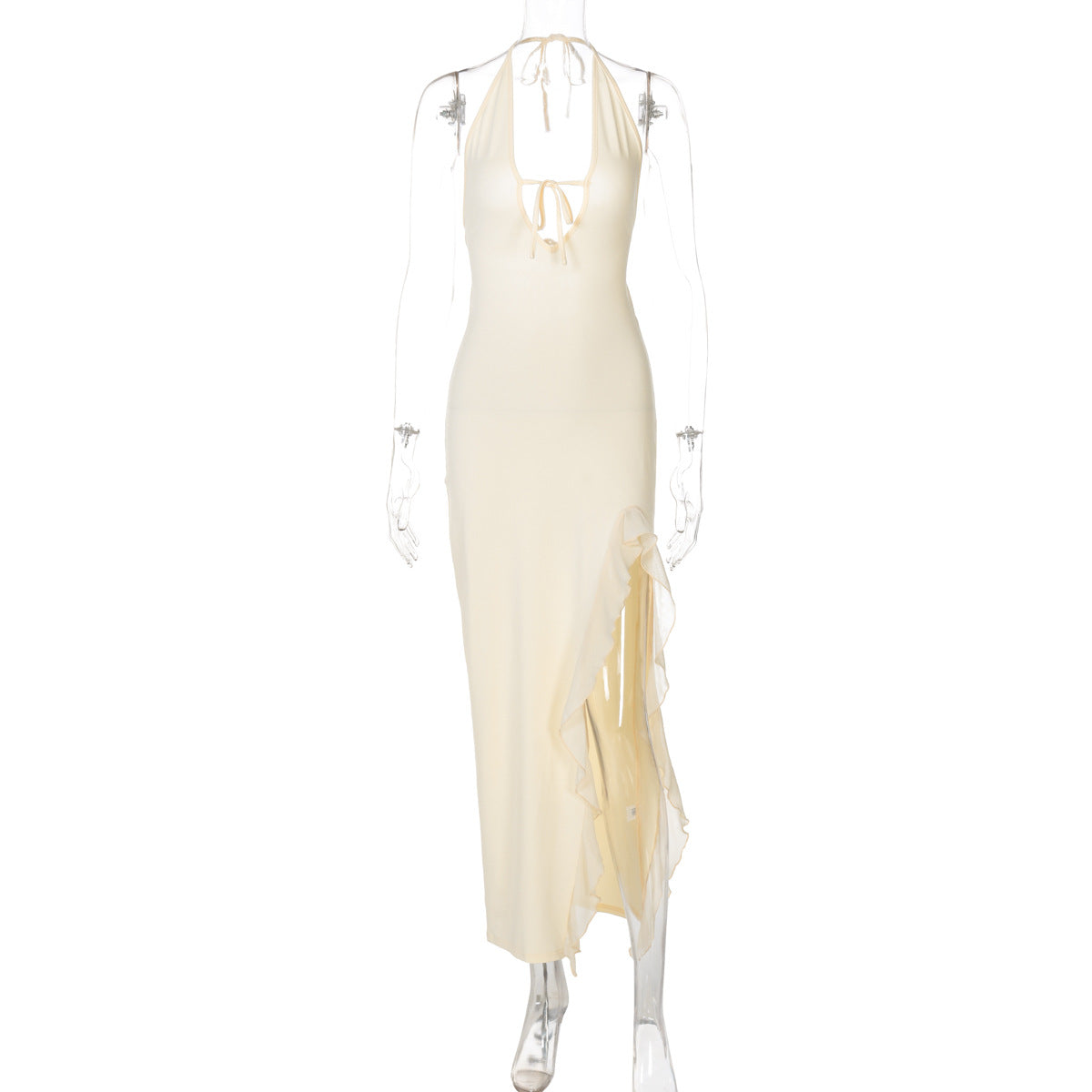 Halter Neck Ruffle Slit Maxi Dress - cream