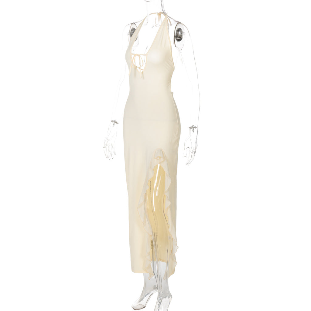 Halter Neck Ruffle Slit Maxi Dress - cream - 1