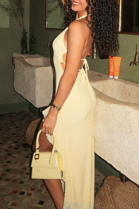 Halter Neck Ruffle Slit Maxi Dress - cream - 12