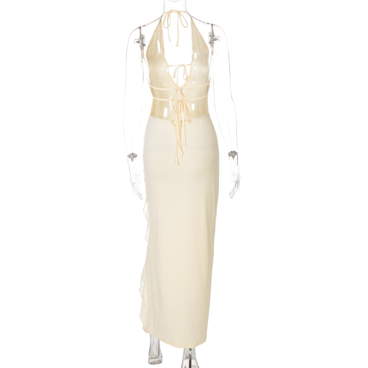 Halter Neck Ruffle Slit Maxi Dress - cream - 2