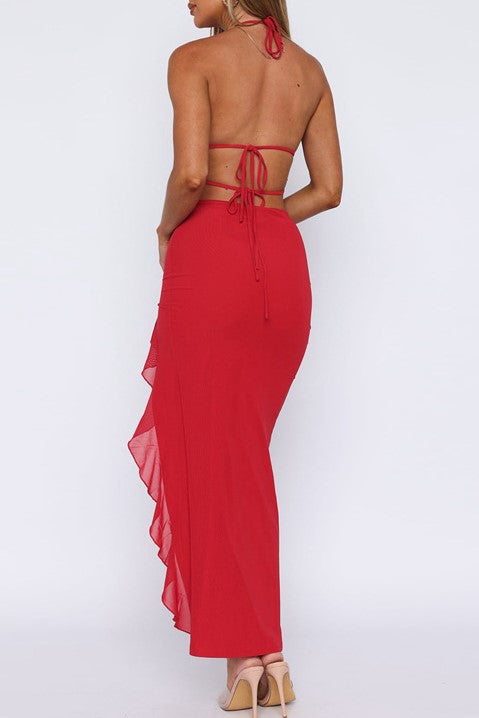 Halter Neck Ruffle Slit Maxi Dress - red - 4