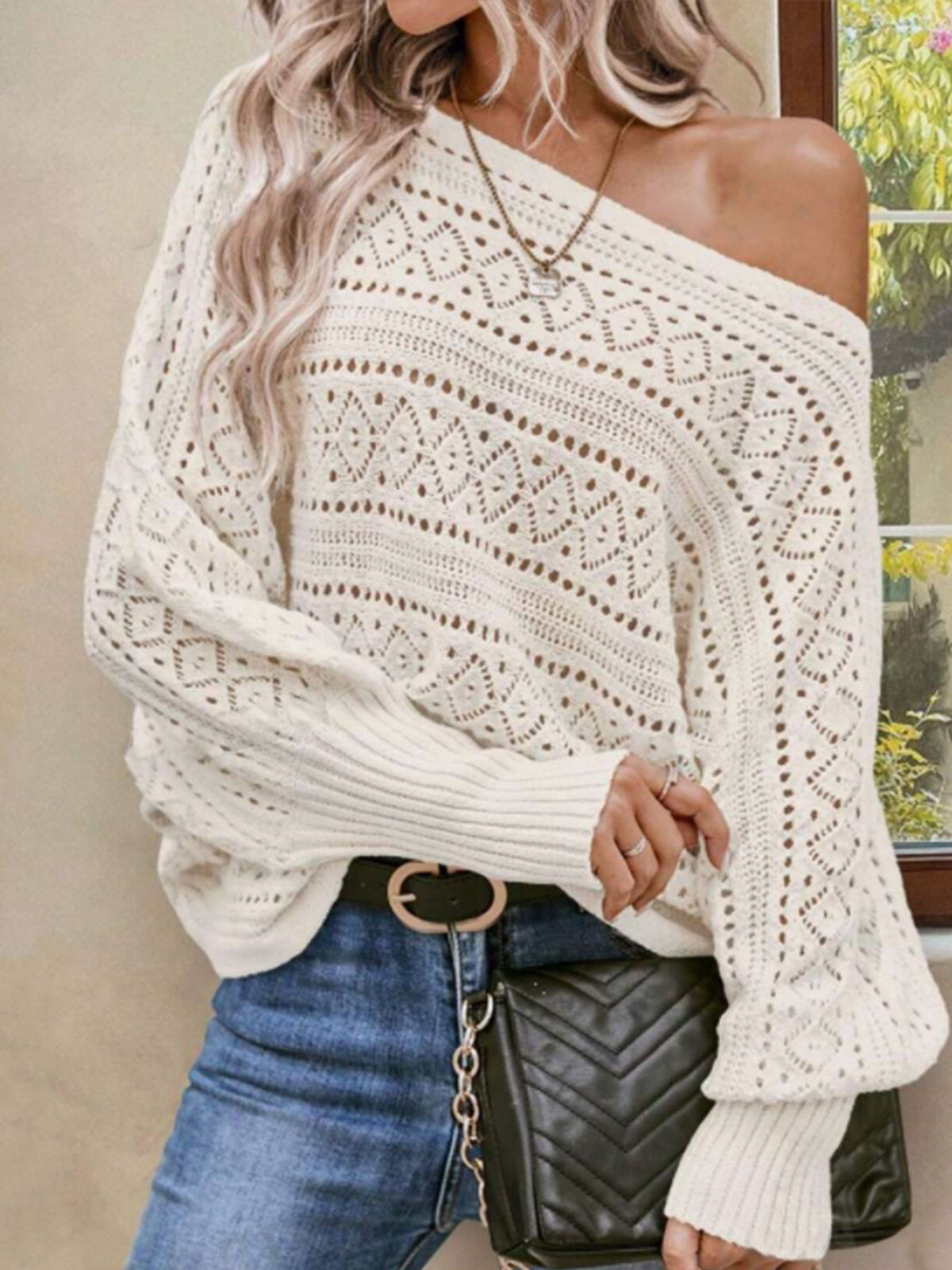 Off Shoulder Pointelle Crochet Knit Sweater