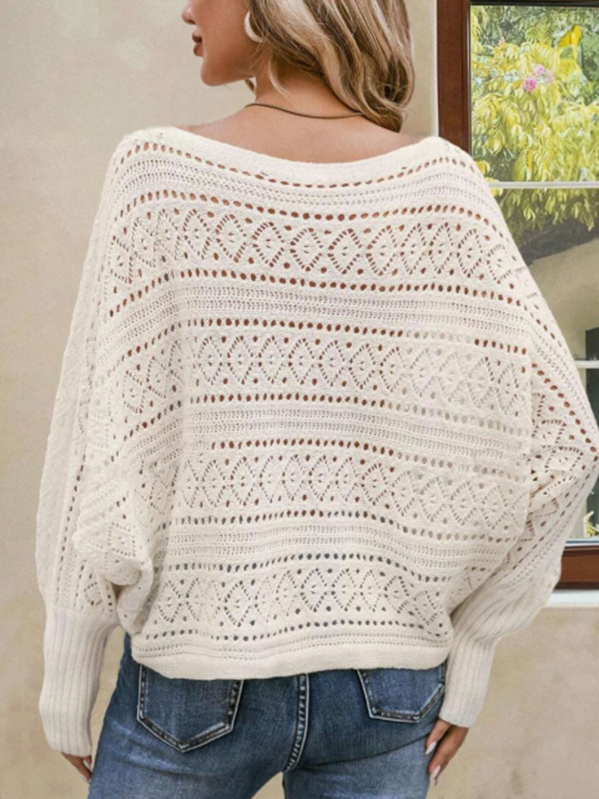Off Shoulder Pointelle Crochet Knit Sweater - view 3