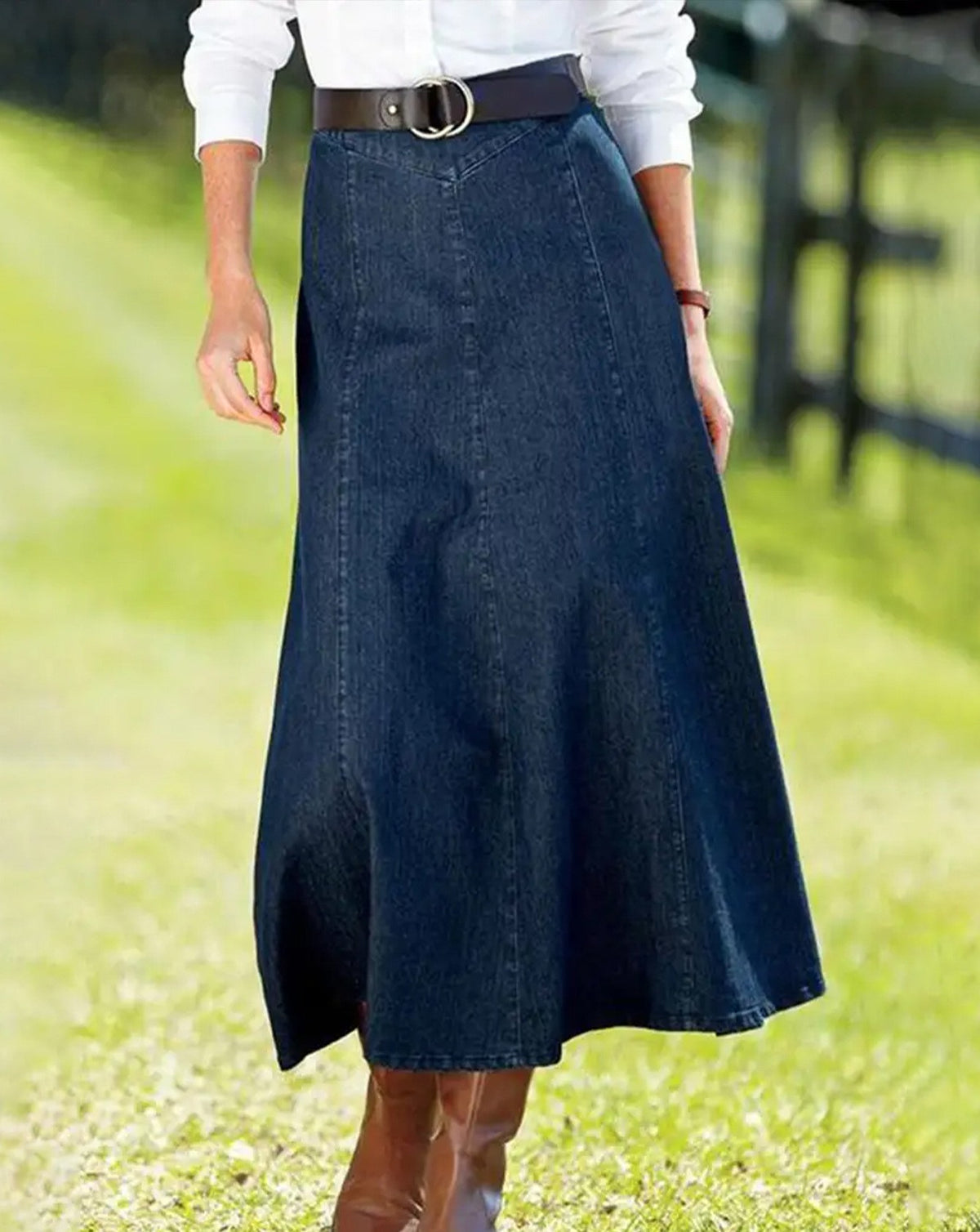 Panel Seam Flared Denim Midi Skirt - DarkBlue
