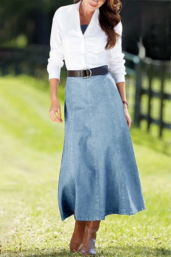 Panel Seam Flared Denim Midi Skirt - LightBlue