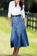 Panel Seam Flared Denim Midi Skirt - blue