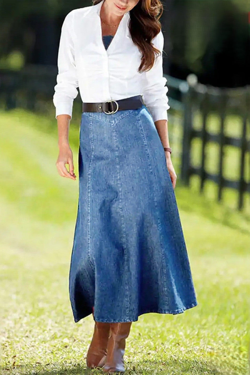 Panel Seam Flared Denim Midi Skirt - blue