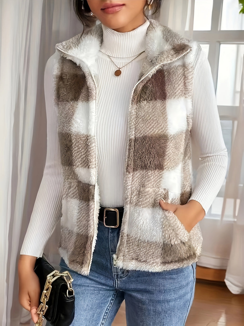 Plush Plaid Zip Front High Neck Vest - Khaki