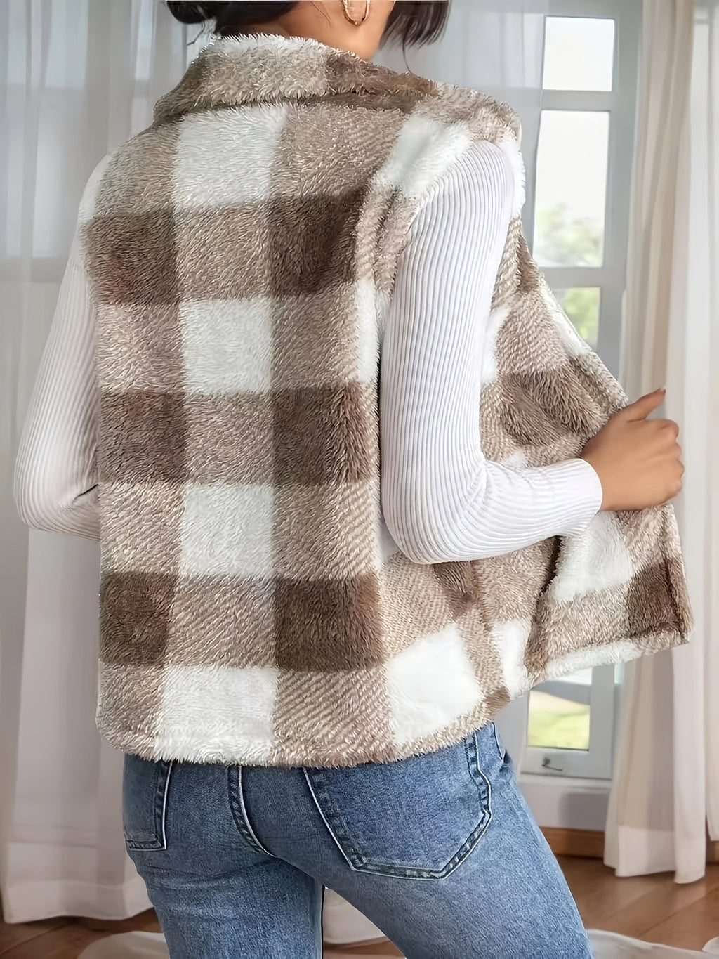 Plush Plaid Zip Front High Neck Vest - Khaki - 3