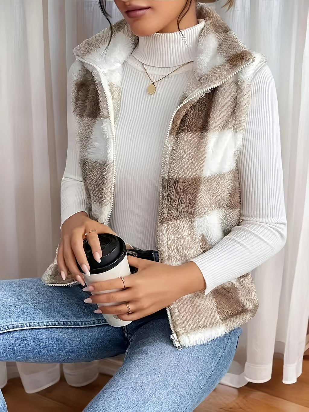 Plush Plaid Zip Front High Neck Vest - Khaki - 4