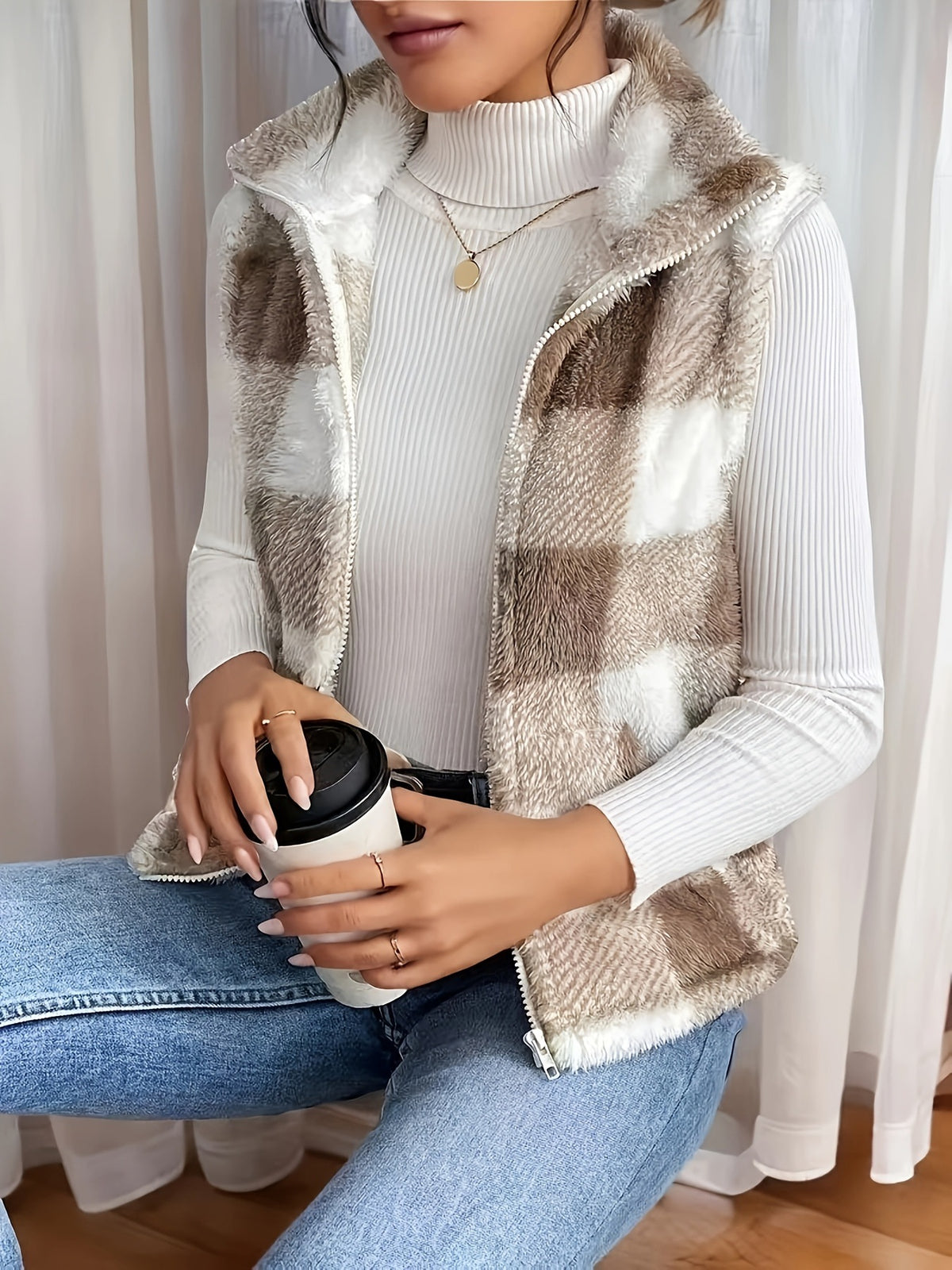 Plush Plaid Zip Front High Neck Vest - Khaki - 4