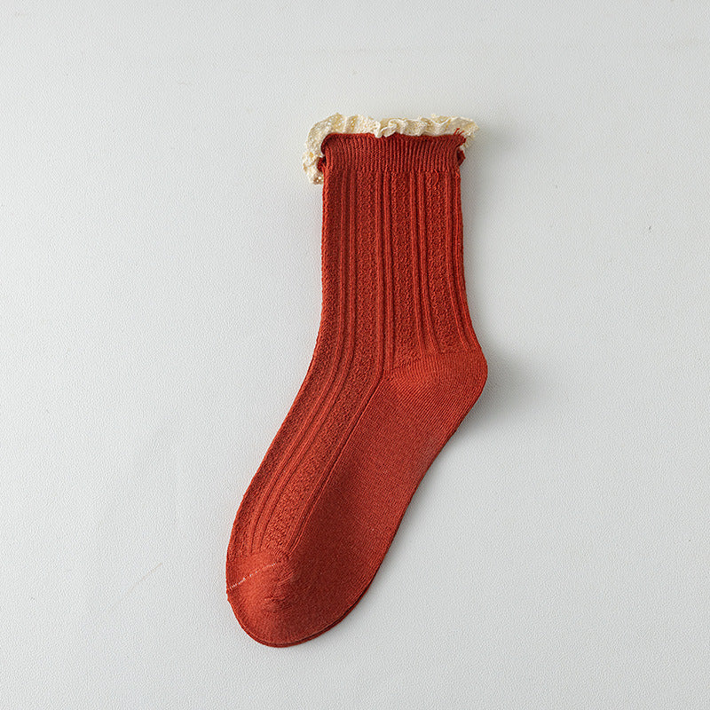 Lace Trim Ribbed Cotton Crew Socks - Red