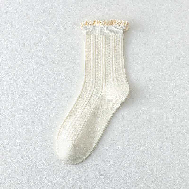 Lace Trim Ribbed Cotton Crew Socks - White