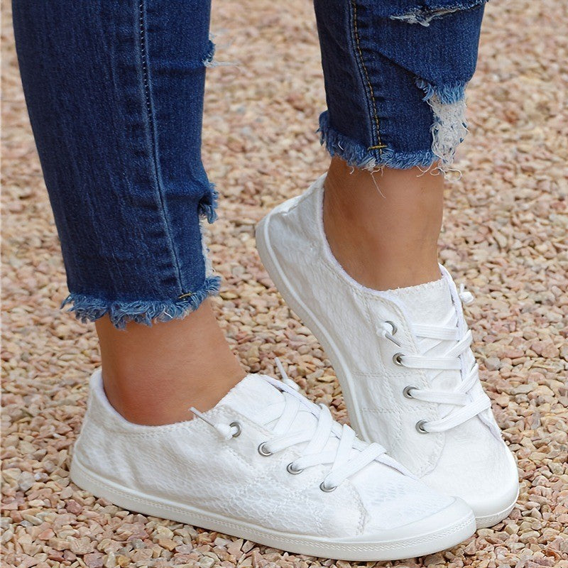 White Snake Textured Bungee Lace Slip-On Sneakers