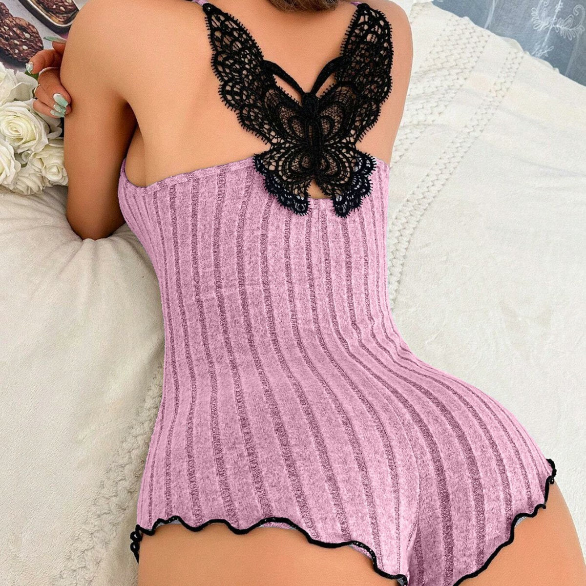 Lace Butterfly Back Ribbed Knit Romper