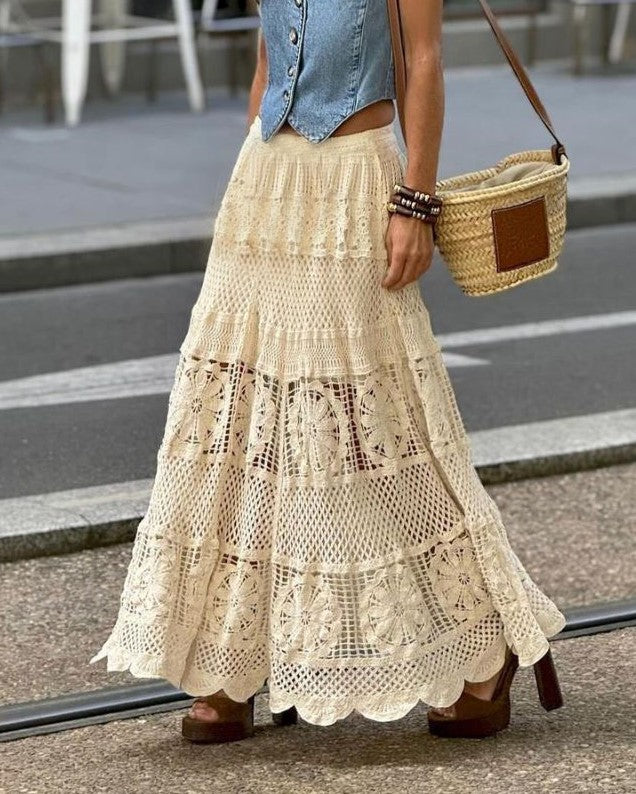 Crochet Lace Tiered Maxi Skirt - Apricot