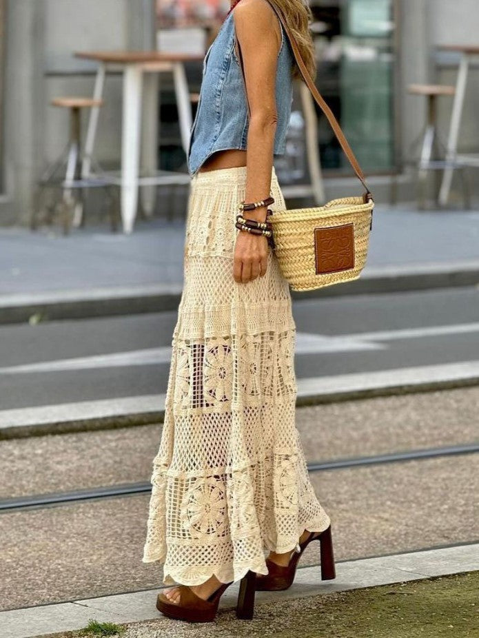 Crochet Lace Tiered Maxi Skirt - Apricot - 1