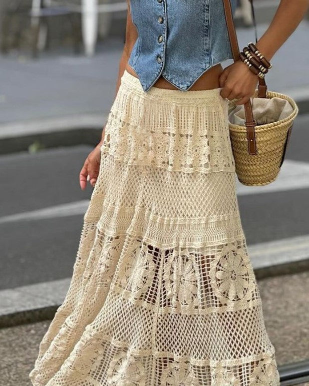 Crochet Lace Tiered Maxi Skirt - Apricot - 2