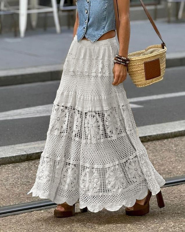 Crochet Lace Tiered Maxi Skirt - White