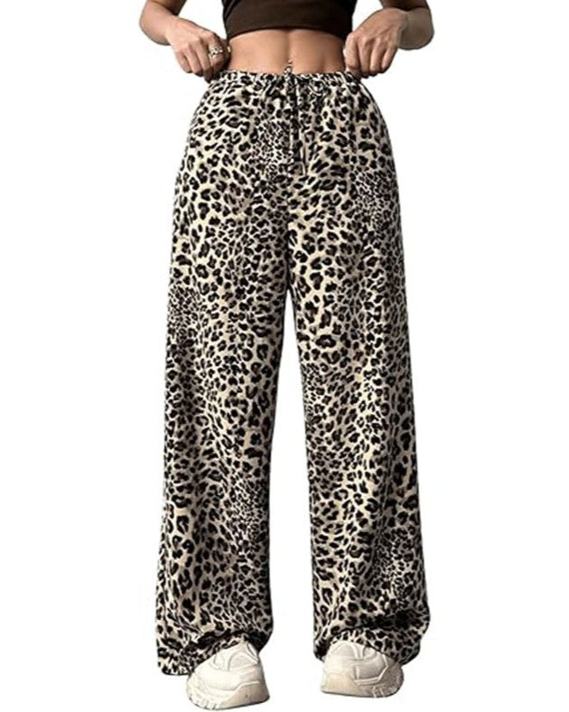 Leopard Print Low Rise Wide Leg Pants - Apricot