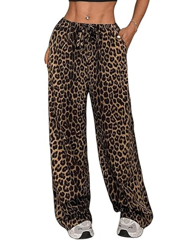 Leopard Print Low Rise Wide Leg Pants - Black - 1