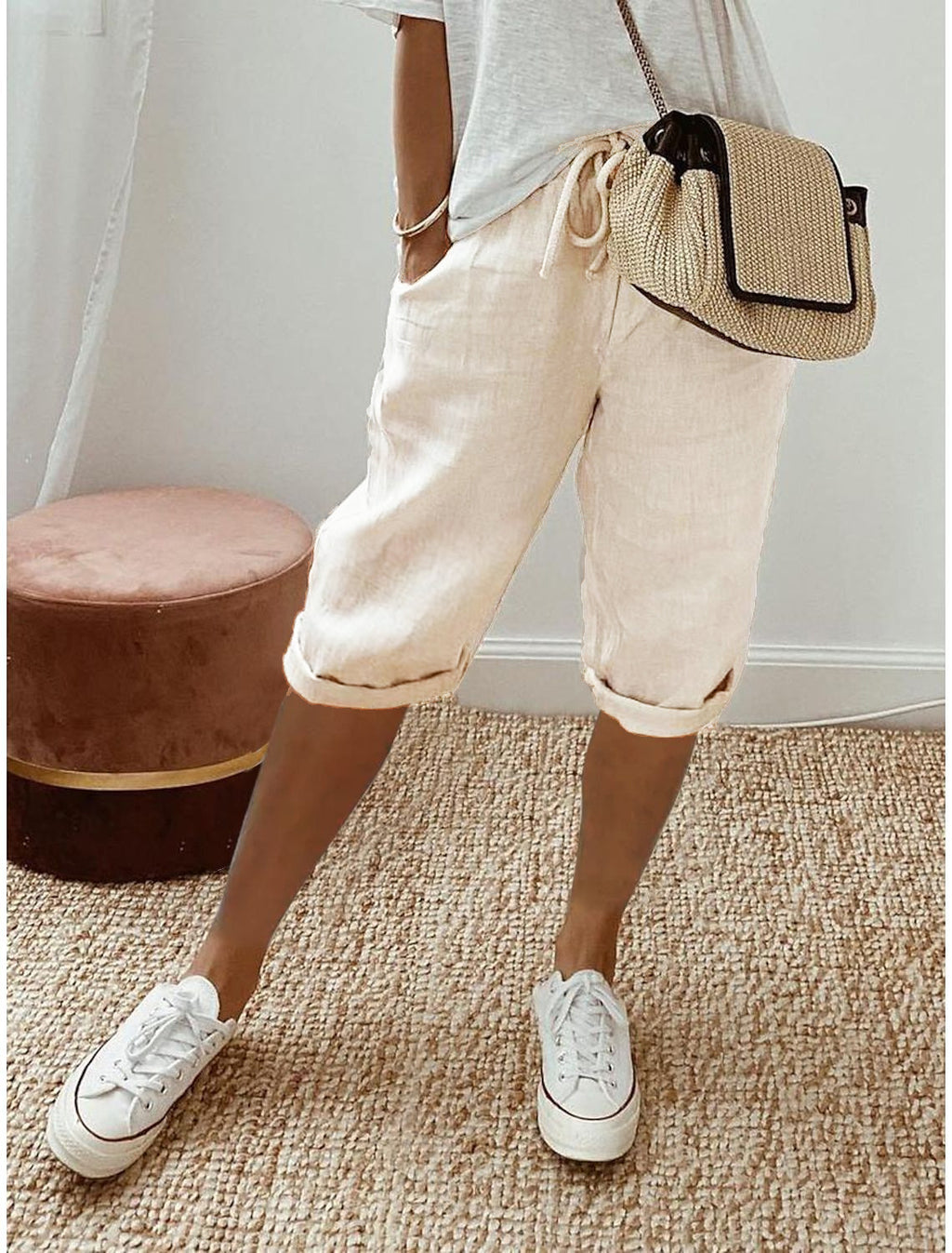 Drawstring Waist Cropped Linen Blend Pants - Apricot