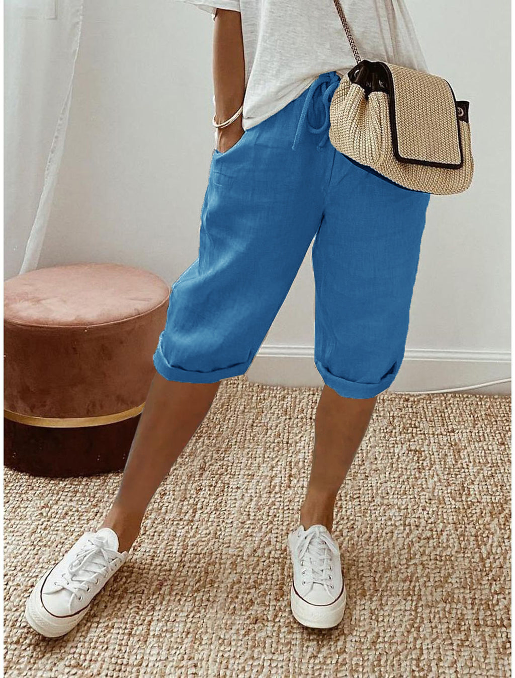 Drawstring Waist Cropped Linen Blend Pants - Blue