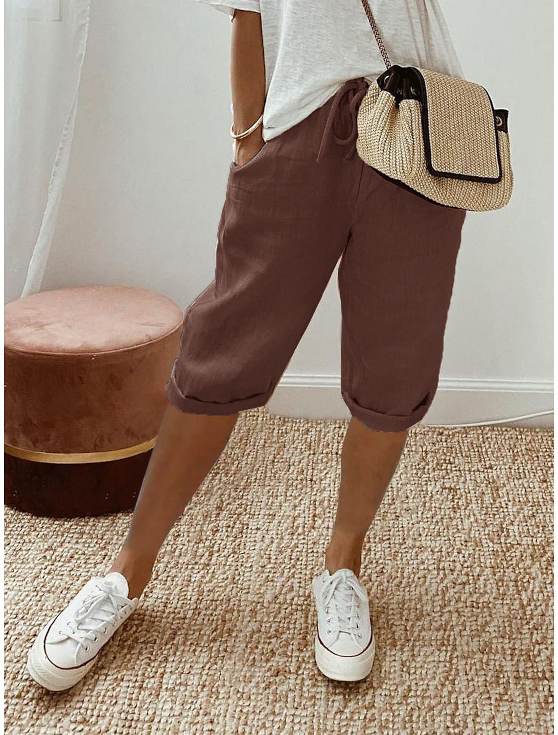 Drawstring Waist Cropped Linen Blend Pants - Coffee