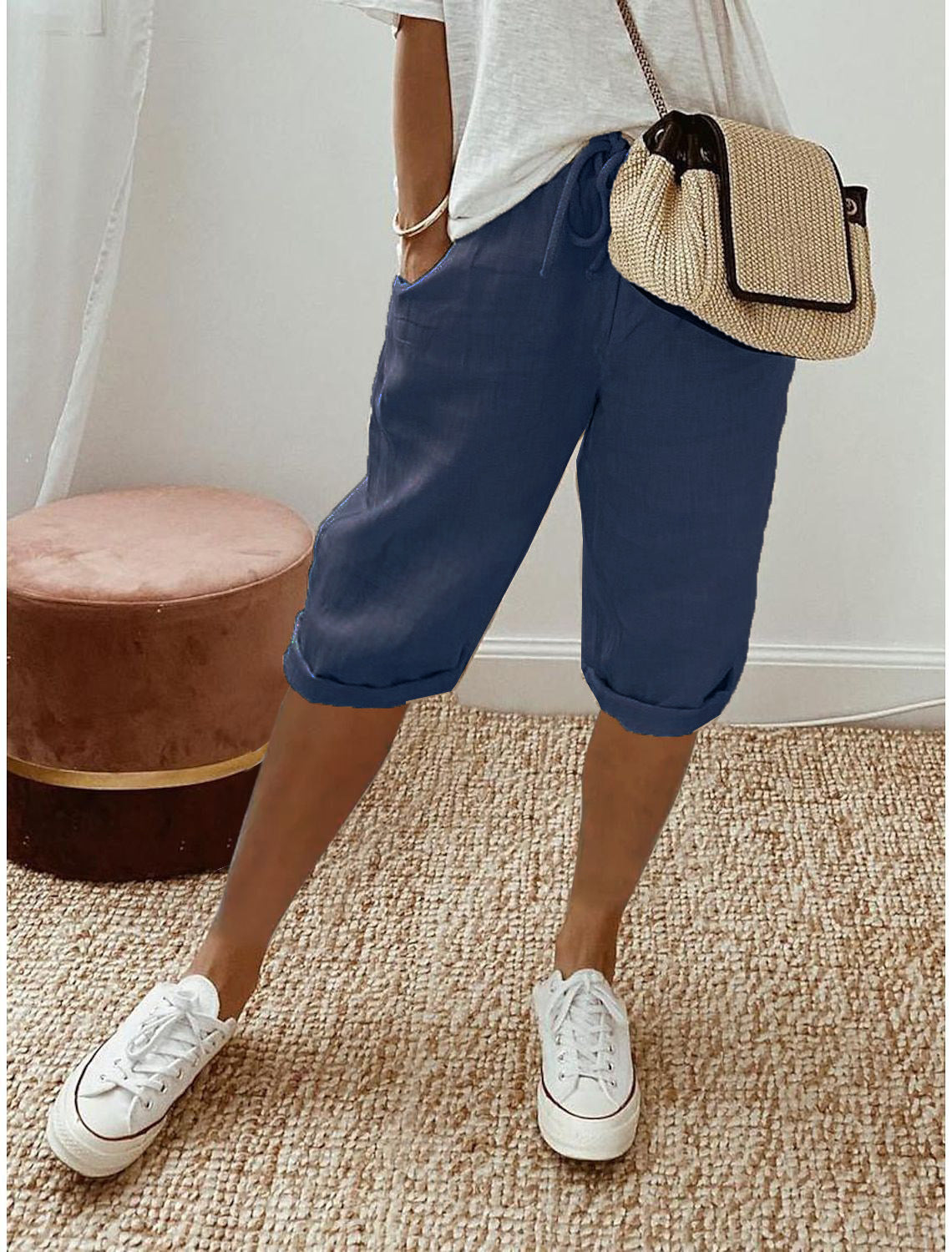 Drawstring Waist Cropped Linen Blend Pants - DarkBlue
