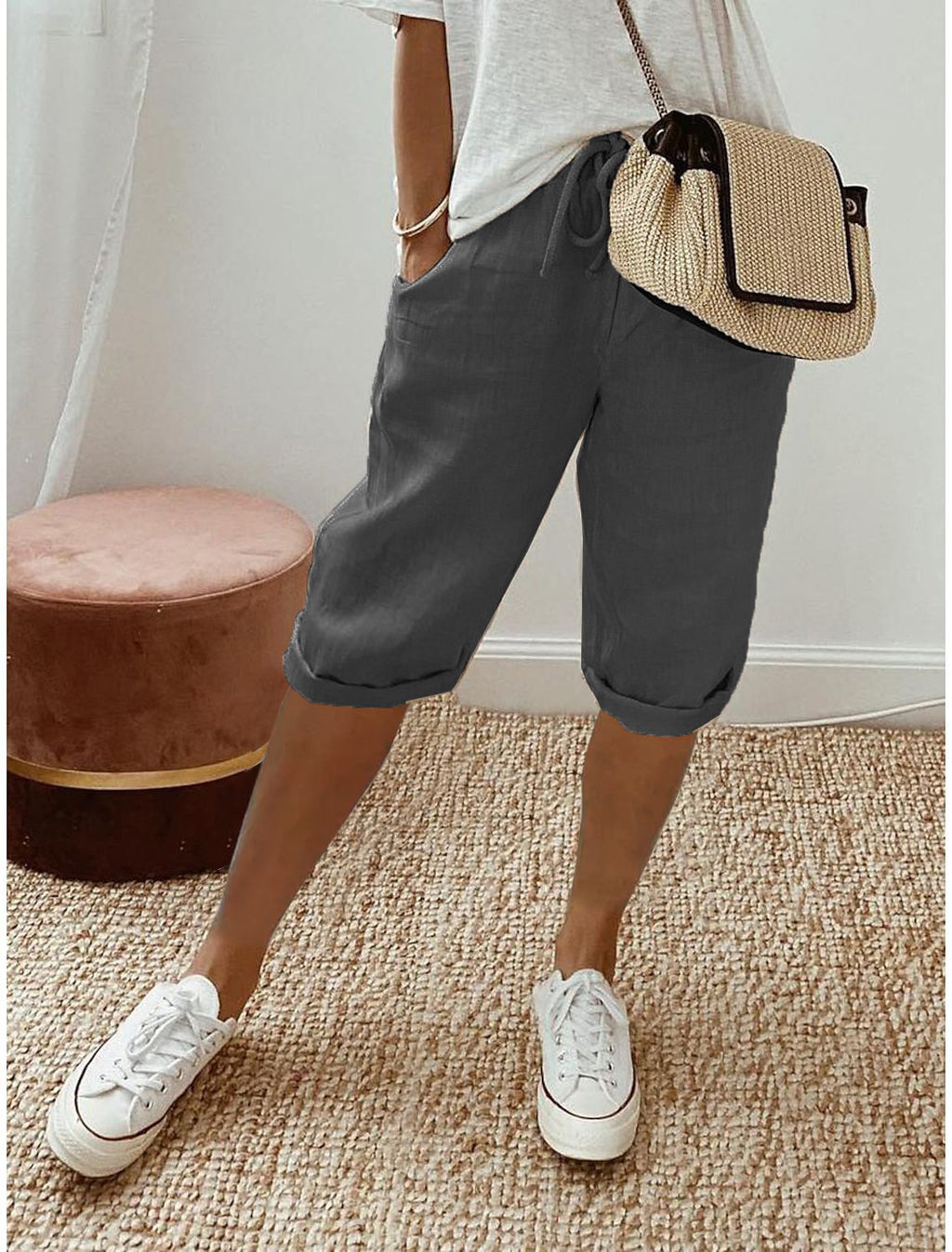Drawstring Waist Cropped Linen Blend Pants - DarkGray
