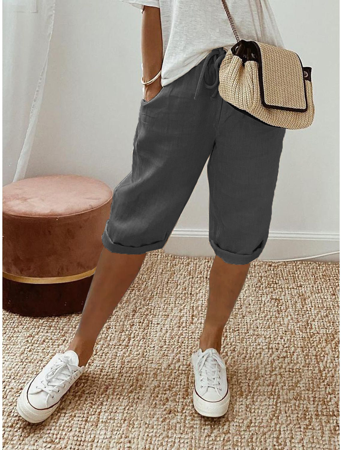 Drawstring Waist Cropped Linen Blend Pants - DarkGray