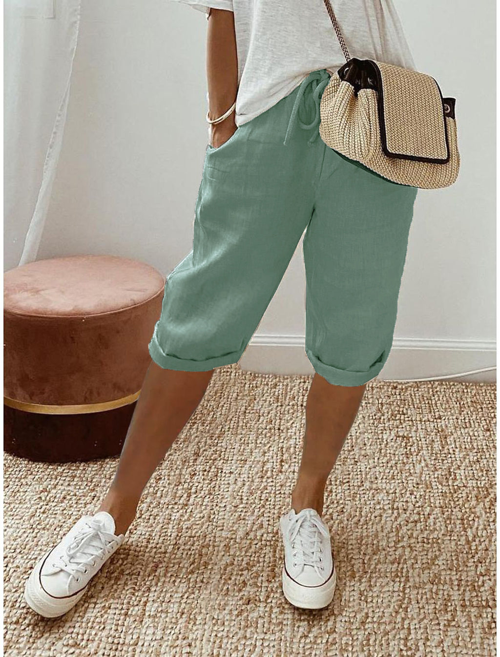 Drawstring Waist Cropped Linen Blend Pants - Green