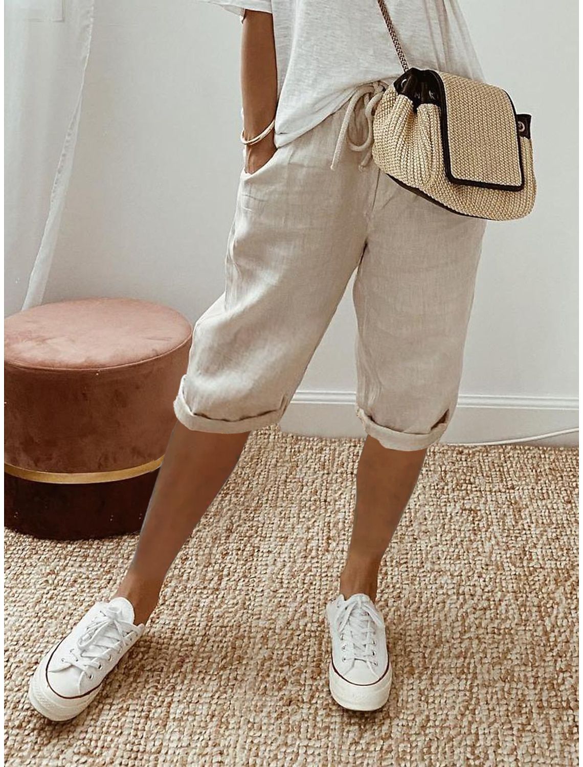 Drawstring Waist Cropped Linen Blend Pants - Khaki