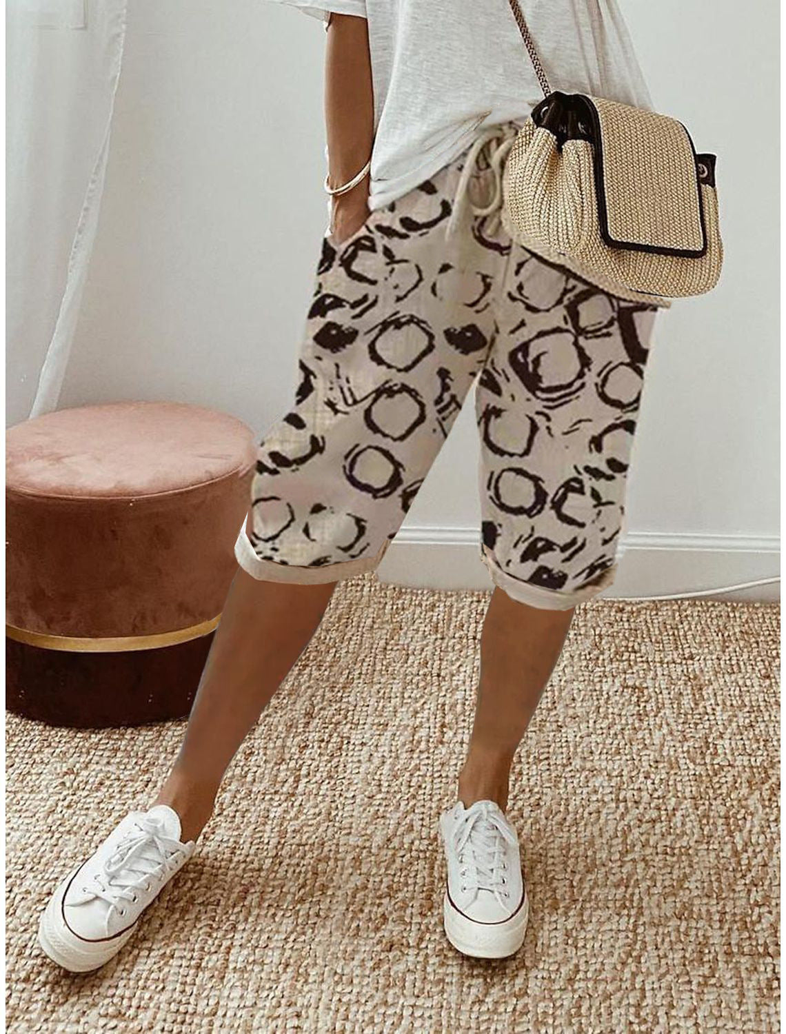 Drawstring Waist Cropped Linen Blend Pants - Khaki_Flower