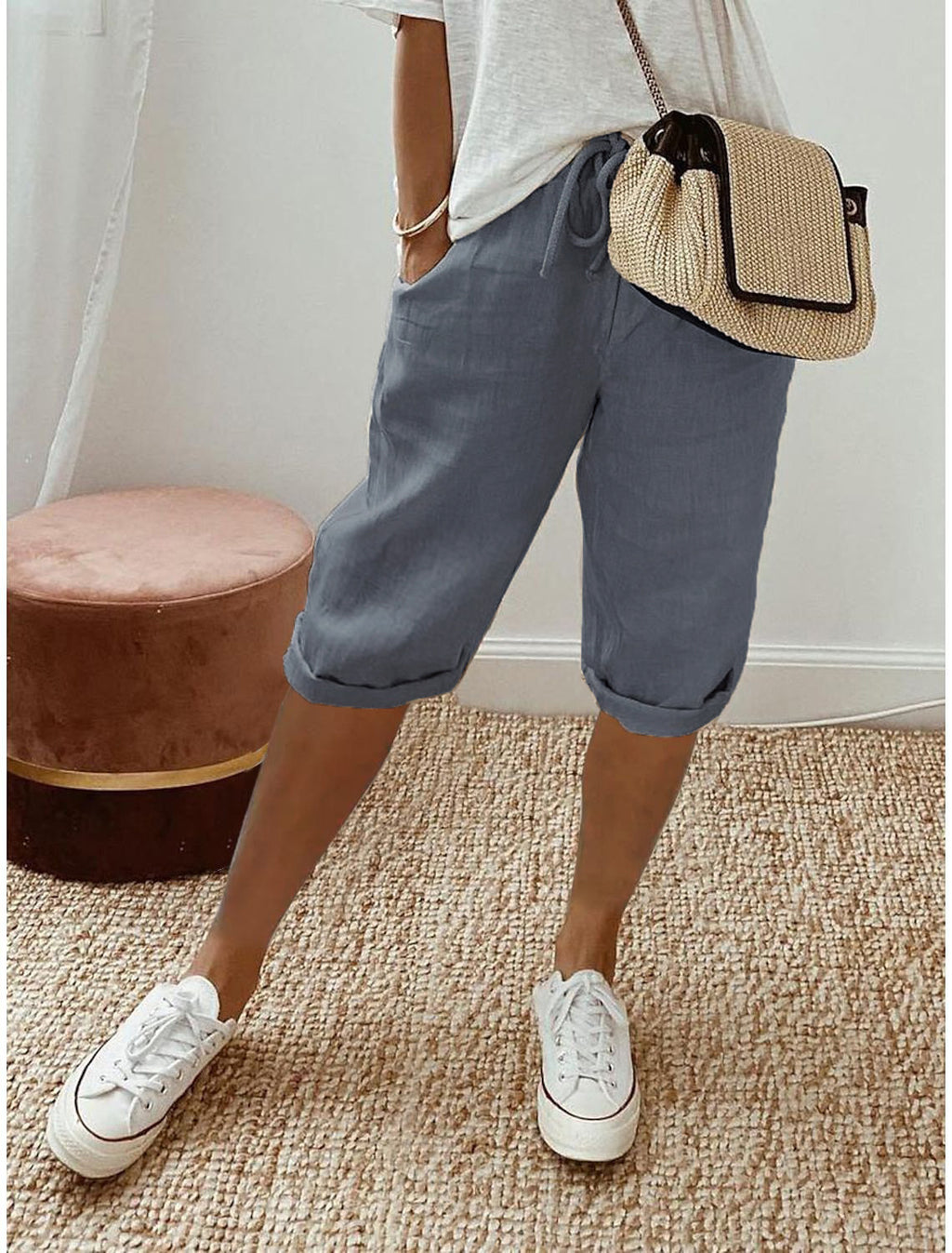 Drawstring Waist Cropped Linen Blend Pants - LightGray