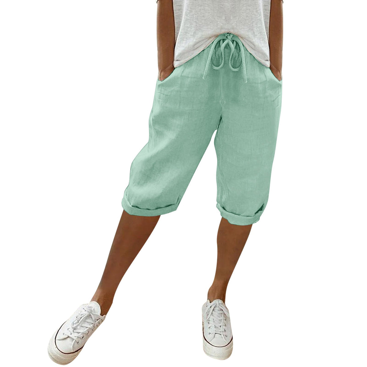 Drawstring Waist Cropped Linen Blend Pants - LightGreen