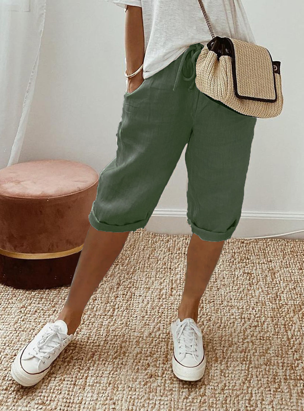 Drawstring Waist Cropped Linen Blend Pants - MilitaryGreen