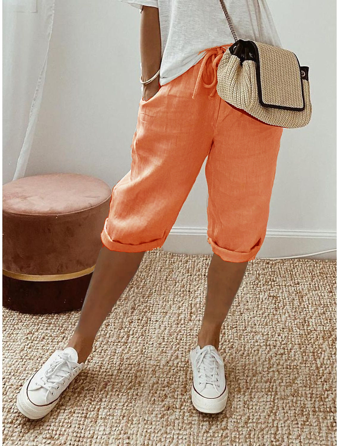 Drawstring Waist Cropped Linen Blend Pants - Orange