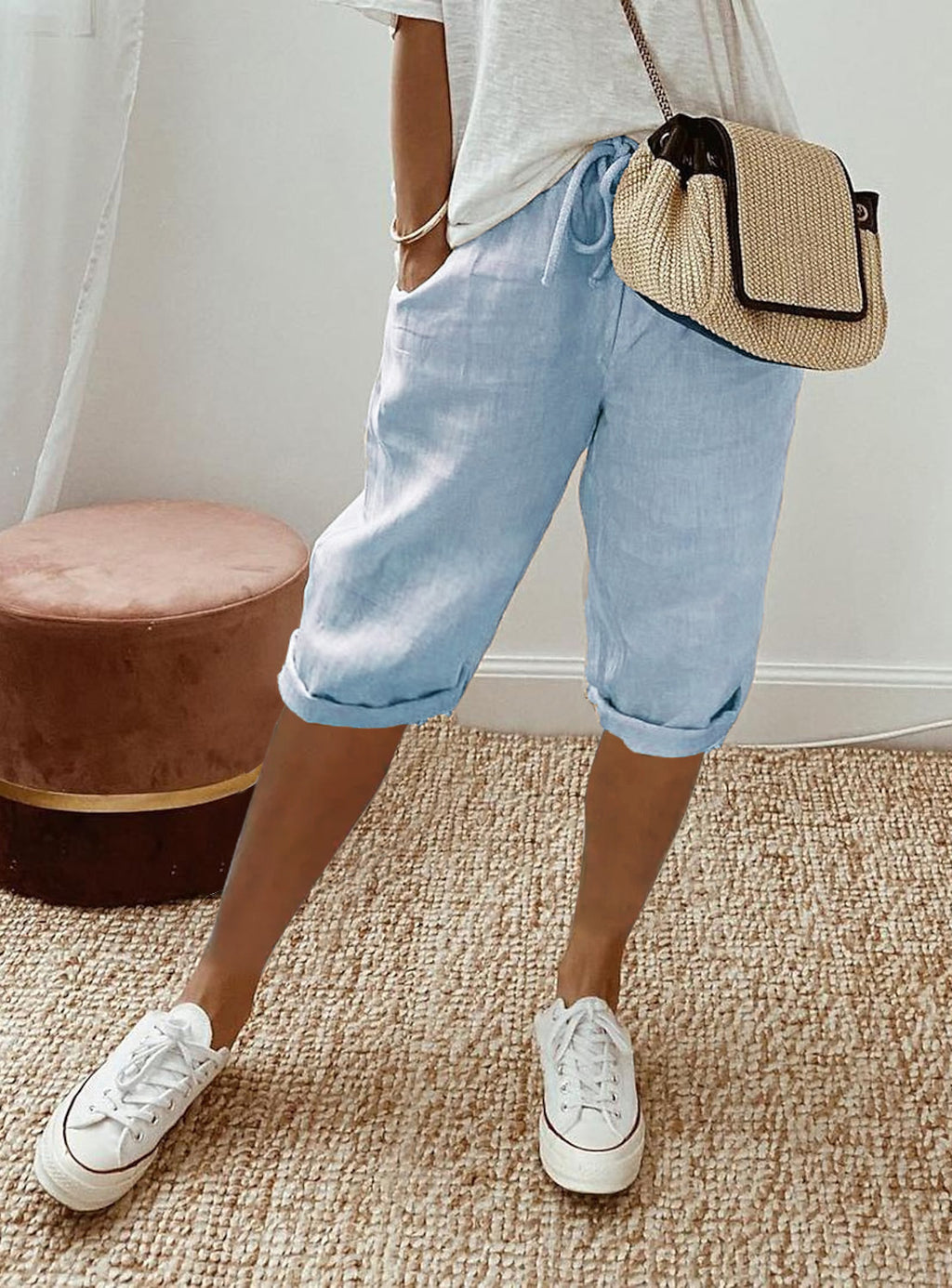Drawstring Waist Cropped Linen Blend Pants - SkyBlue