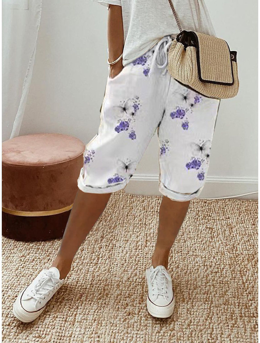 Drawstring Waist Cropped Linen Blend Pants - White_Flower